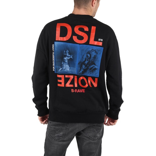 S Bay Xa Men's Pullover Sweatshirt Black Crew Neck Casual Outwear Diesel UK