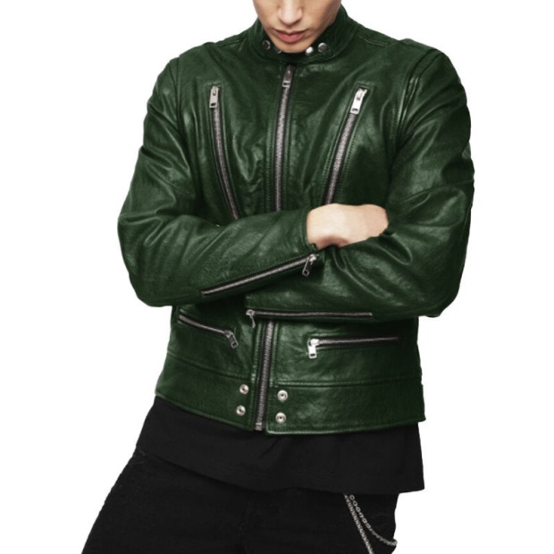 Diesel UK L Koji Men's Bomber Jacket Genuine Leather Cafe Racer Winter Green Coat