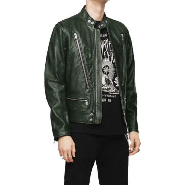 Diesel UK L Koji Men's Bomber Jacket Genuine Leather Cafe Racer Winter Green Coat