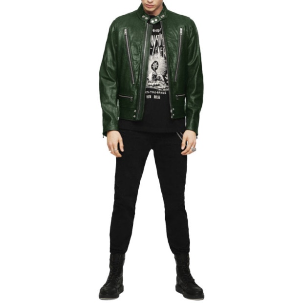 Diesel UK L Koji Men's Bomber Jacket Genuine Leather Cafe Racer Winter Green Coat