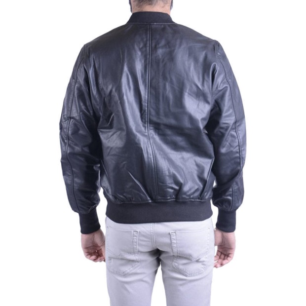 Diesel UK L Parker Men's Bomber Jacket Genuine Leather Ribbed Black Winter Outwear