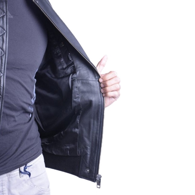 Diesel UK L Parker Men's Bomber Jacket Genuine Leather Ribbed Black Winter Outwear