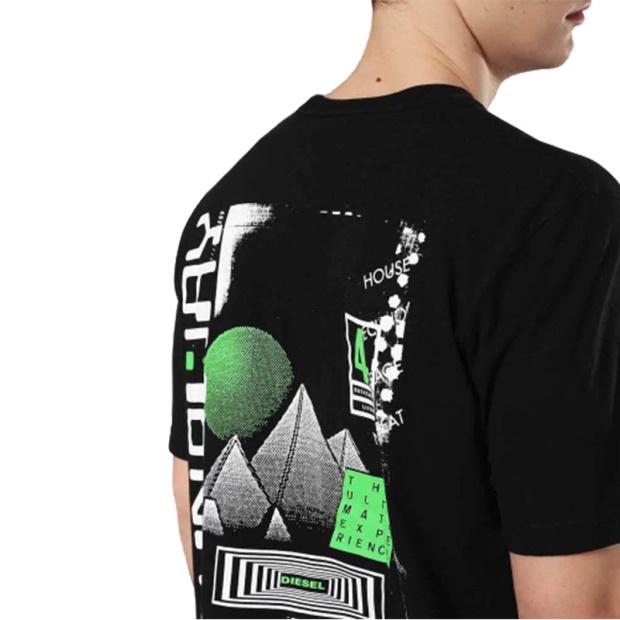 Diesel UK T Just Zd 0Sayp 900 Men's T-Shirt Graphic Print Crew Neck Summer Black Tee