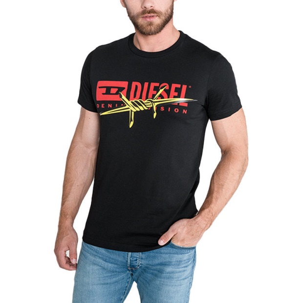 T Diego Bx2 Men's T-Shirt Crew Neck Short Sleeve Casual Black Cotton Tee Diesel UK