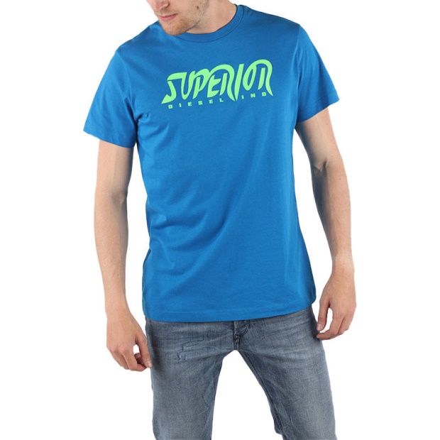 T Diego Bb Men's T-Shirt Crew Neck Short Sleeve Blue Tee Casual Cotton Top Diesel UK