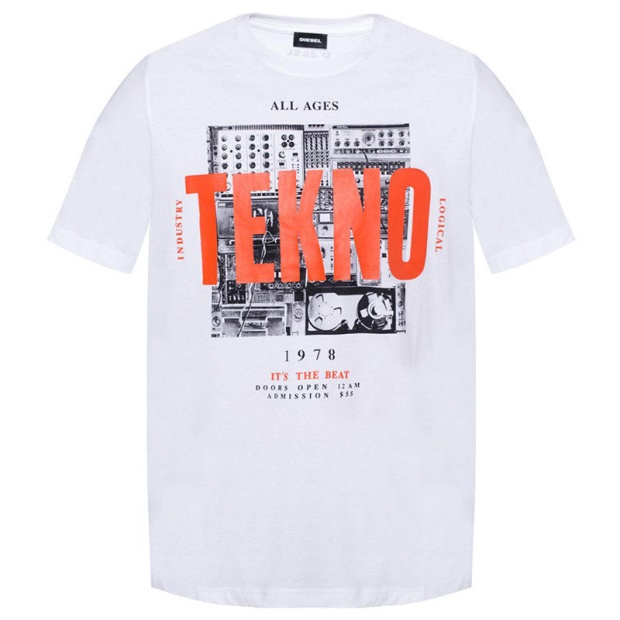 Black/Orange/White Diesel UK T Just Wa Men's T Shirt Short Sleeve Crew Neck Casual Cotton Tee Top Print