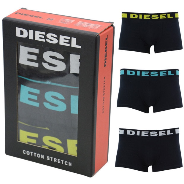 Diesel UK Men's Boxer Trunks Shorts 3 Pack Regular Soft Cotton Black Underwear Gift