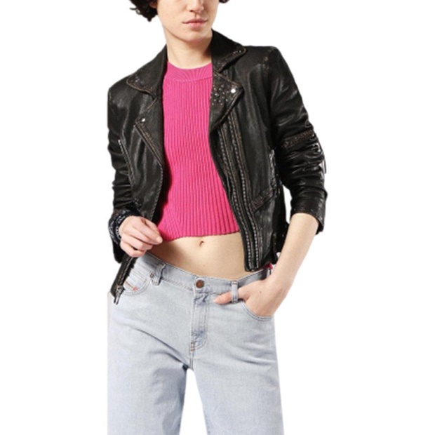 Diesel UK L Terry Women's Biker Jacket Genuine Leather Long Sleeve Cafe Racer Coat