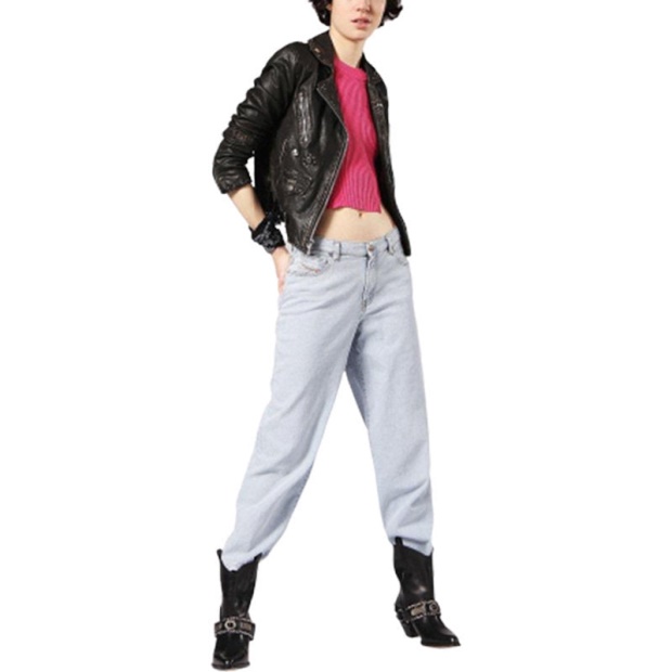 Diesel UK L Terry Women's Biker Jacket Genuine Leather Long Sleeve Cafe Racer Coat