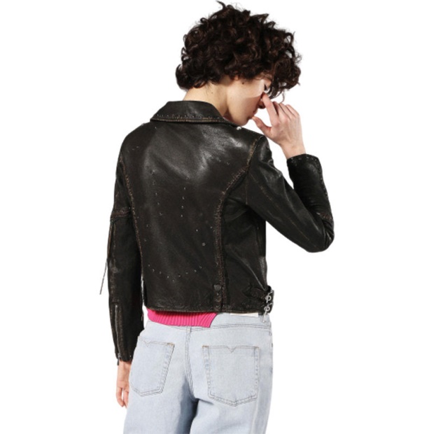 Diesel UK L Terry Women's Biker Jacket Genuine Leather Long Sleeve Cafe Racer Coat