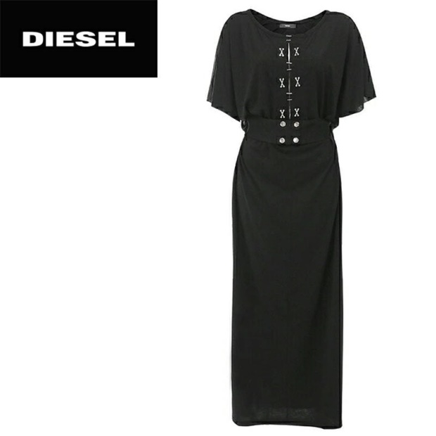 D Alba Women's Long Dress Round Neck Maxi Metal Party Wear Top Belt Black Diesel UK