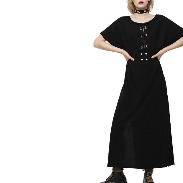 D Alba Women's Long Dress Round Neck Maxi Metal Party Wear Top Belt Black Diesel UK