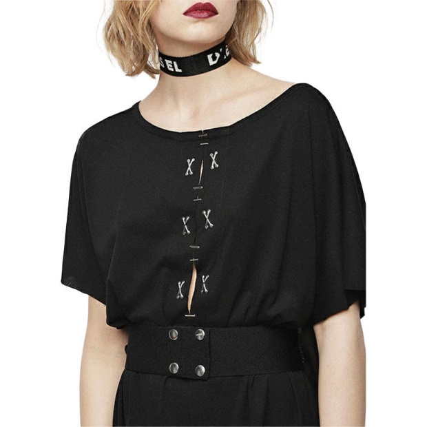 D Alba Women's Long Dress Round Neck Maxi Metal Party Wear Top Belt Black Diesel UK