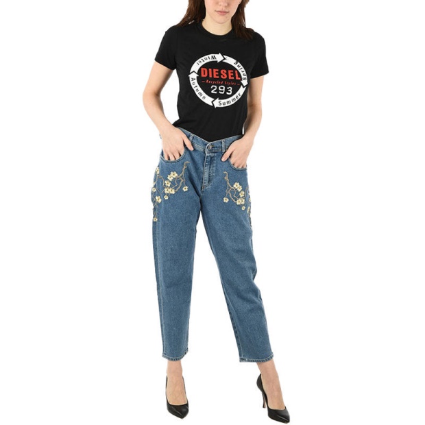 Diesel UK Black Gold Bg8Yq Women's Jeans Boyfriend Fit Casual Denim Embroidery Pants